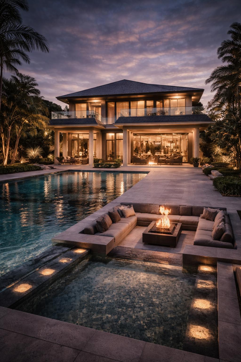Luxury villa with illuminated pool